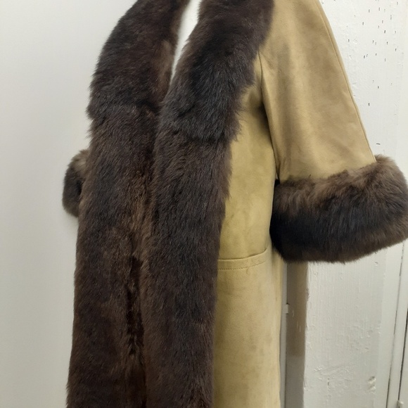 vtg suede swing coat fox trim collar cuff OS M L - Picture 2 of 8